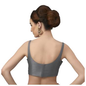 Grey Silk Sleeveless Saree Blouse with U Neckline 2