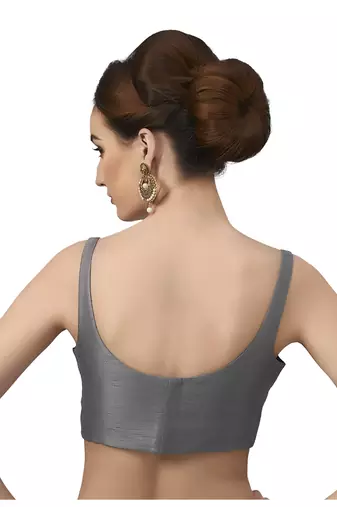Grey Silk Sleeveless Saree Blouse with U Neckline