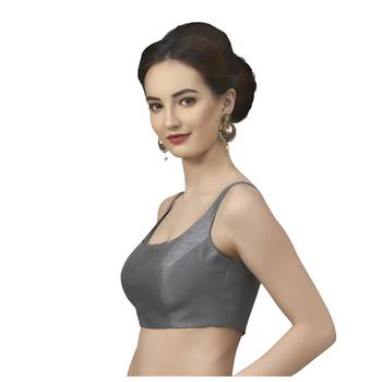 Grey Silk Sleeveless Saree Blouse with U Neckline 3