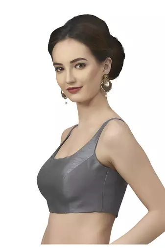 Grey Silk Sleeveless Saree Blouse with U Neckline