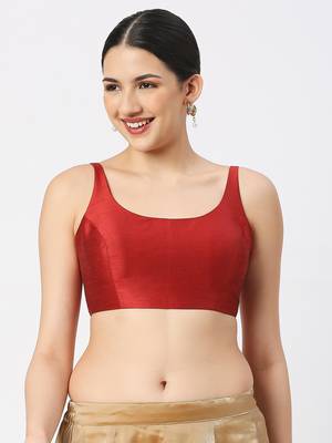Maroon Silk Sleeveless Saree Blouse with U Neckline 1