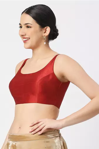Maroon Silk Sleeveless Saree Blouse with U Neckline