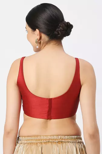 Maroon Silk Sleeveless Saree Blouse with U Neckline