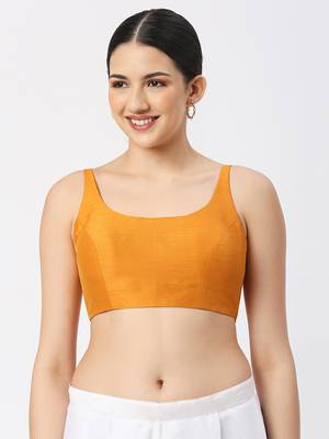 Mustard Silk Sleeveless Saree Blouse with U Neckline 1