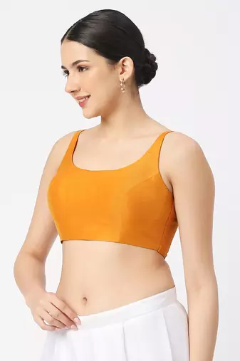 Mustard Silk Sleeveless Saree Blouse with U Neckline