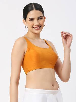 Mustard Silk Sleeveless Saree Blouse with U Neckline 3
