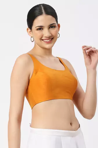 Mustard Silk Sleeveless Saree Blouse with U Neckline