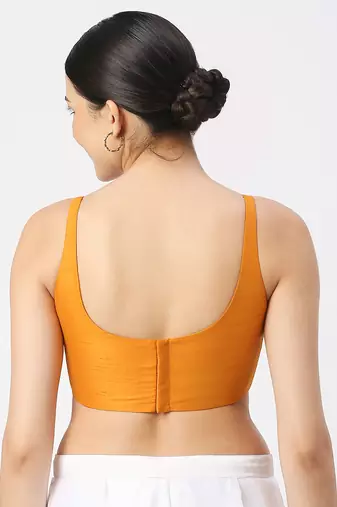 Mustard Silk Sleeveless Saree Blouse with U Neckline