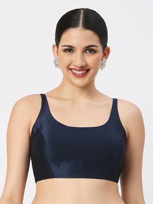 Navy Blue Silk Sleeveless Saree Blouse with U Neckline 1