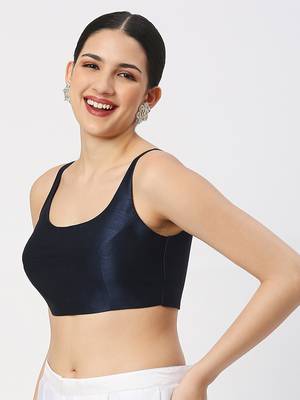 Navy Blue Silk Sleeveless Saree Blouse with U Neckline 2