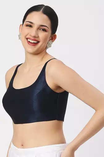 Navy Blue Silk Sleeveless Saree Blouse with U Neckline