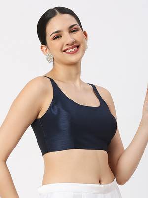 Navy Blue Silk Sleeveless Saree Blouse with U Neckline 3