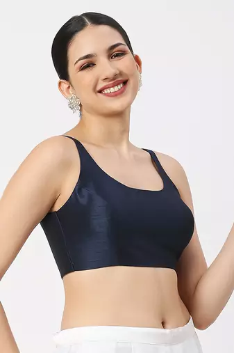 Navy Blue Silk Sleeveless Saree Blouse with U Neckline