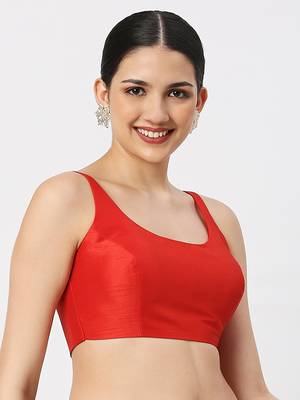 Red Silk Sleeveless Saree Blouse with U Neckline 1