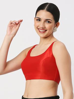 Red Silk Sleeveless Saree Blouse with U Neckline 2