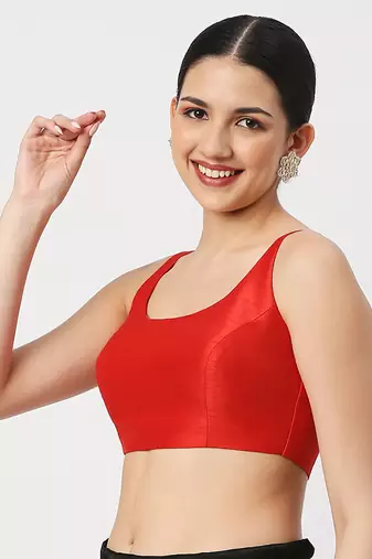 Red Silk Sleeveless Saree Blouse with U Neckline