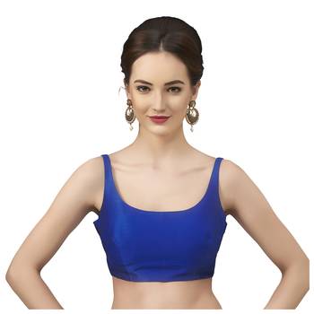 Royal Blue Silk Sleeveless Saree Blouse with U Neckline 1