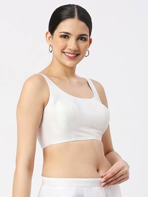 White Silk Sleeveless Saree Blouse with U Neckline 1