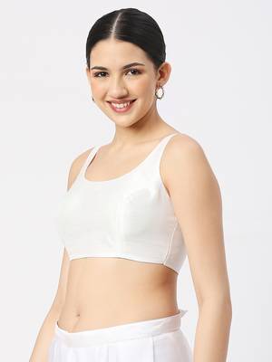 White Silk Sleeveless Saree Blouse with U Neckline 2
