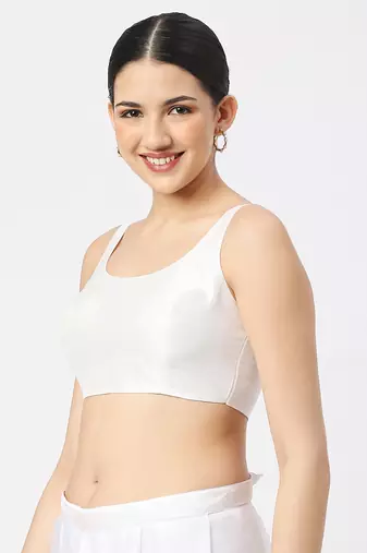 White Silk Sleeveless Saree Blouse with U Neckline