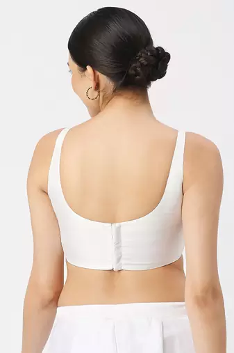 White Silk Sleeveless Saree Blouse with U Neckline