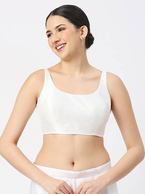 White Silk Sleeveless Saree Blouse with U Neckline 4