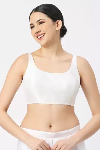 White Silk Sleeveless Saree Blouse with U Neckline
