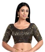 Black Floral Print U Neck Half Sleeves Readymade Saree Blouse