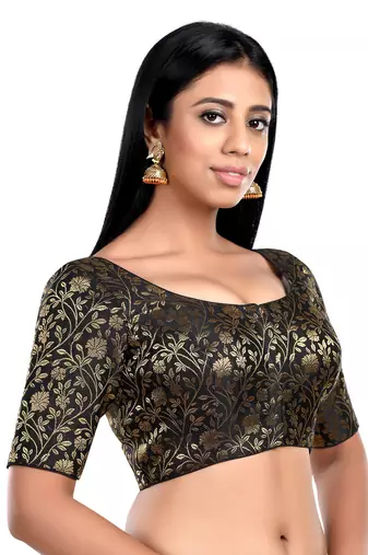 Black Floral Print U Neck Half Sleeves Readymade Saree Blouse