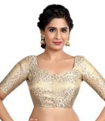 Cream Floral Print U Neck Half Sleeves Readymade Saree Blouse