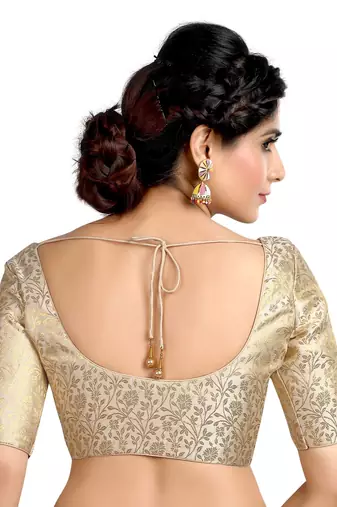 Cream Floral Print U Neck Half Sleeves Readymade Saree Blouse