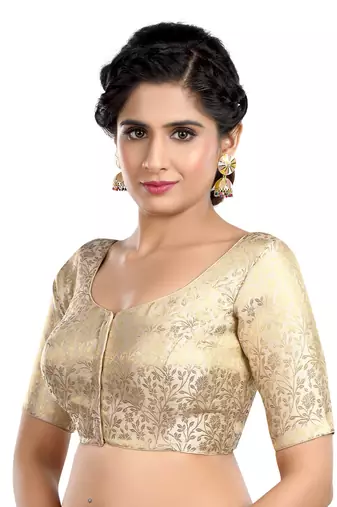 Cream Floral Print U Neck Half Sleeves Readymade Saree Blouse