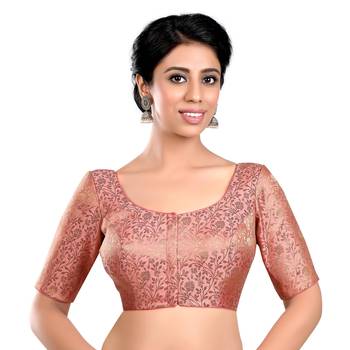 Peach Floral Print U Neck Half Sleeves Readymade Saree Blouse 1