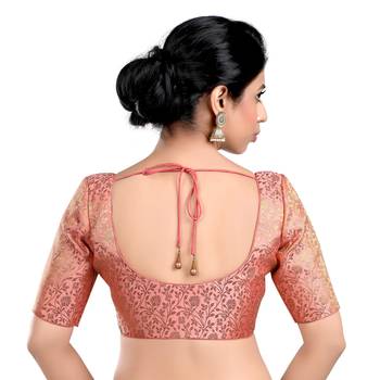 Peach Floral Print U Neck Half Sleeves Readymade Saree Blouse 2