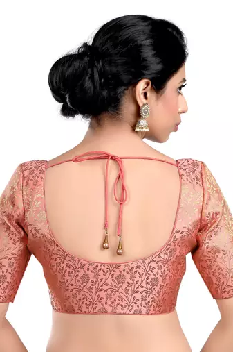 Peach Floral Print U Neck Half Sleeves Readymade Saree Blouse