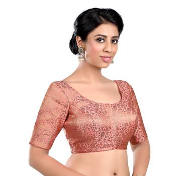 Peach Floral Print U Neck Half Sleeves Readymade Saree Blouse 3