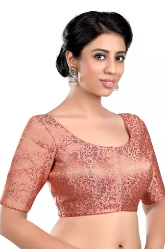 Peach Floral Print U Neck Half Sleeves Readymade Saree Blouse