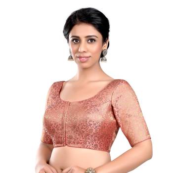 Peach Floral Print U Neck Half Sleeves Readymade Saree Blouse 4