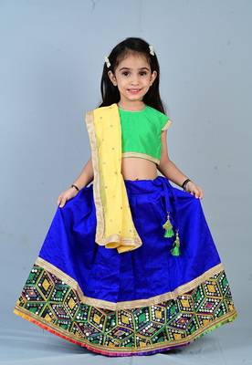 Aglare Brocade ,cotton ethnic Lehenga choli for small girls,Girls,Baby girls,kids.Green Blue 1