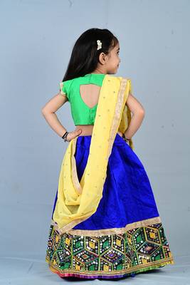 Aglare Brocade ,cotton ethnic Lehenga choli for small girls,Girls,Baby girls,kids.Green Blue 2