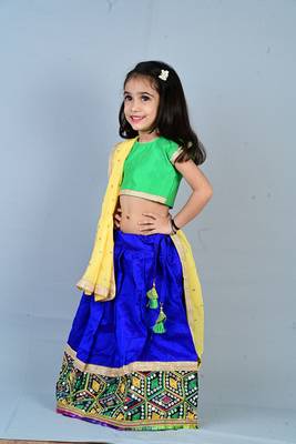 Aglare Brocade ,cotton ethnic Lehenga choli for small girls,Girls,Baby girls,kids.Green Blue 3