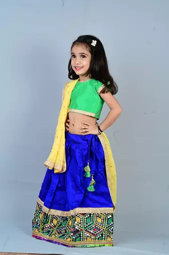Aglare Brocade ,cotton ethnic Lehenga choli for small girls,Girls,Baby girls,kids.Green Blue
