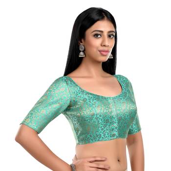 Pista Green Floral Print U Neck Half Sleeves Readymade Saree Blouse 2