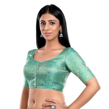 Pista Green Floral Print U Neck Half Sleeves Readymade Saree Blouse 4