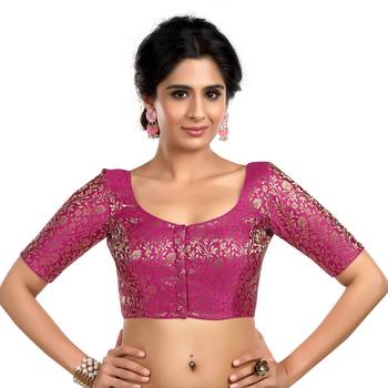 Purple Floral Print U Neck Half Sleeves Readymade Saree Blouse 1