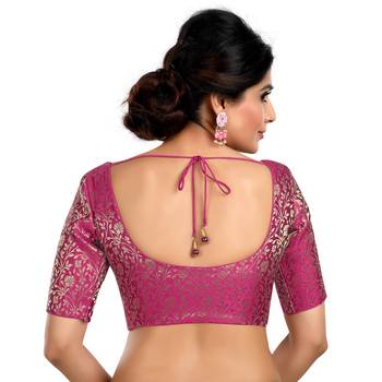 Purple Floral Print U Neck Half Sleeves Readymade Saree Blouse 2