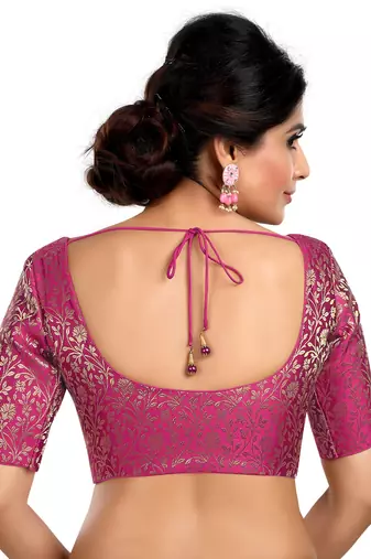 Purple Floral Print U Neck Half Sleeves Readymade Saree Blouse