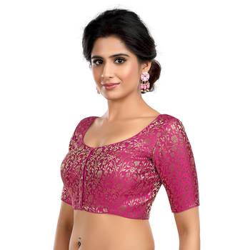 Purple Floral Print U Neck Half Sleeves Readymade Saree Blouse 4