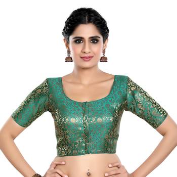 Rama Green Floral Print U Neck Half Sleeves Readymade Saree Blouse 1