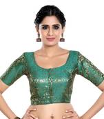 Rama Green Floral Print U Neck Half Sleeves Readymade Saree Blouse